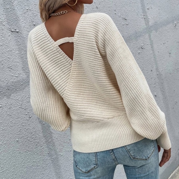 Cream Surplice Chunky Knit Cozy Sweater Top - Picture 3 of 4